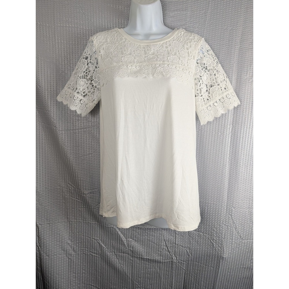 Adrianna Papell Womens White Crochet Lace Yoke Short Sleeve Top AD1S300416 Small